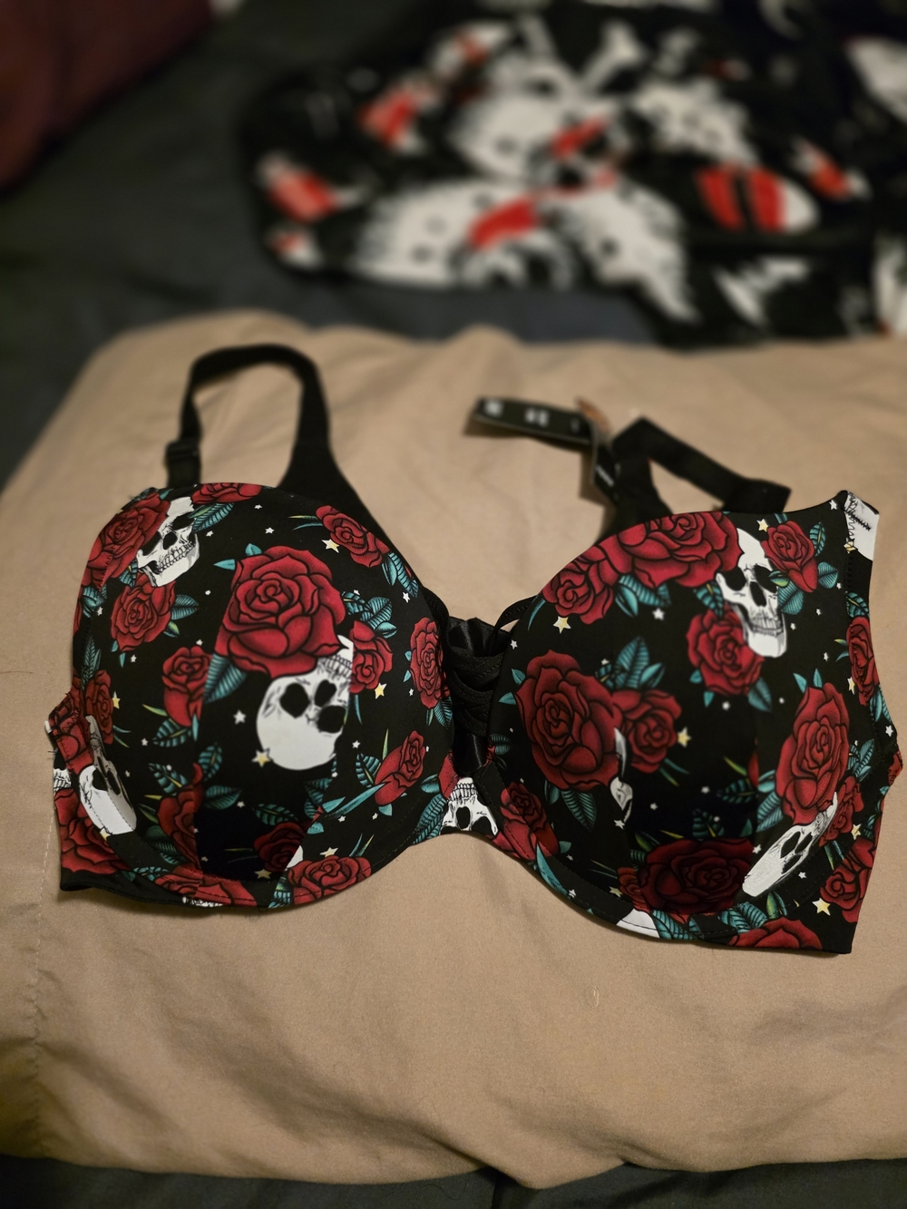 torrid Black Bra with Red Rose and White Skull Print